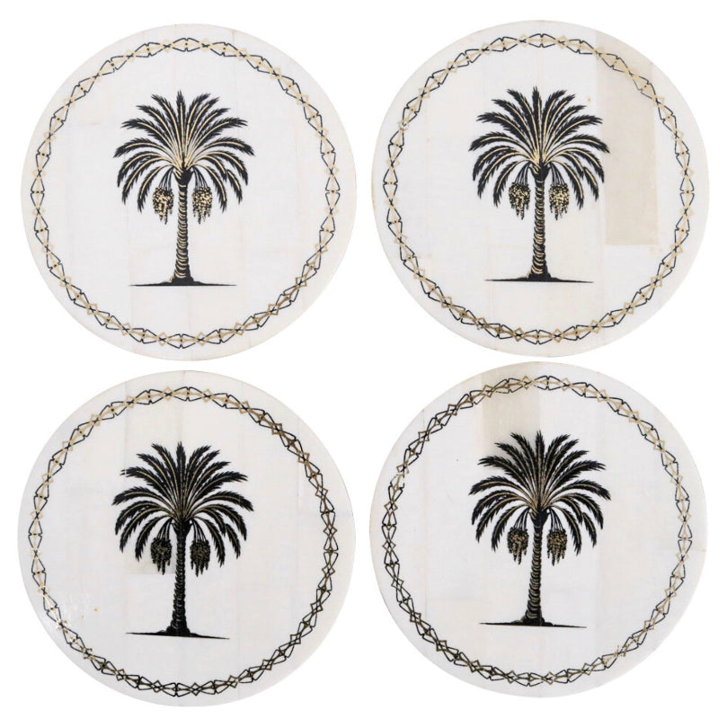 Palm tree bone inlay coasters with gold foil set of 4 tropical Hamptons table decor ethically sourced
