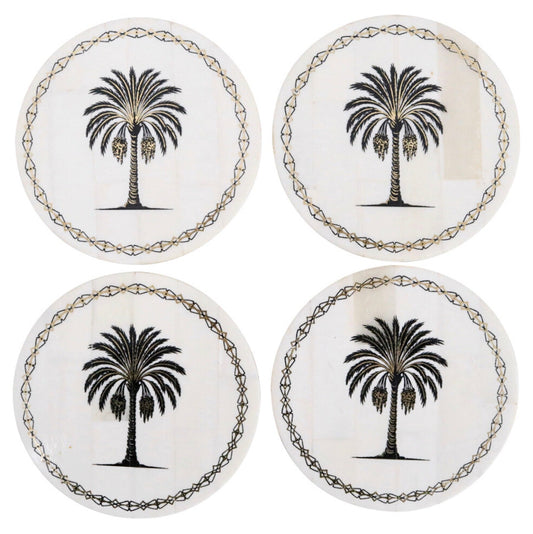 Palm tree bone inlay coasters with gold foil set of 4 tropical Hamptons table decor ethically sourced