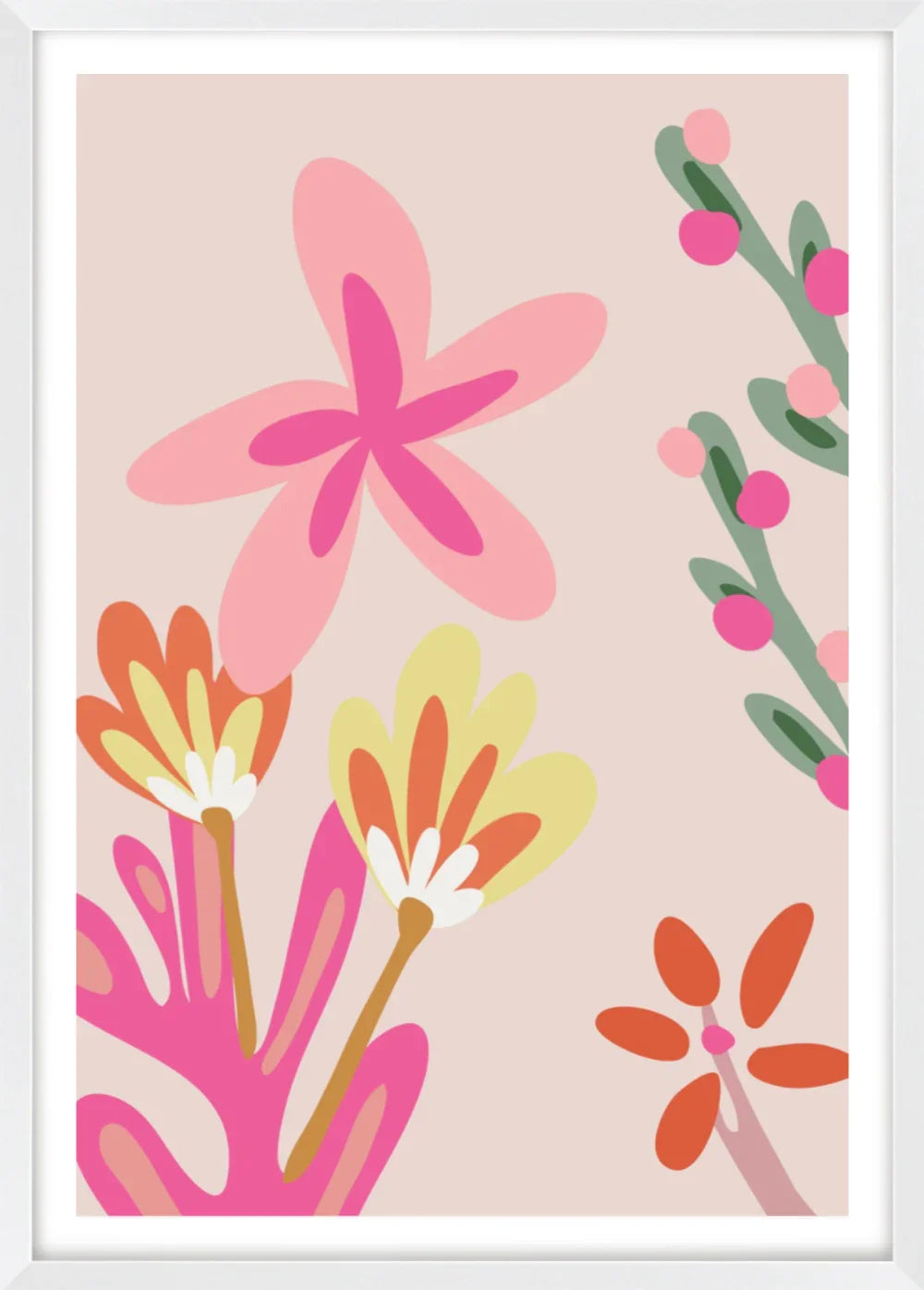 Framed artwork with colorful floral design on a beige background