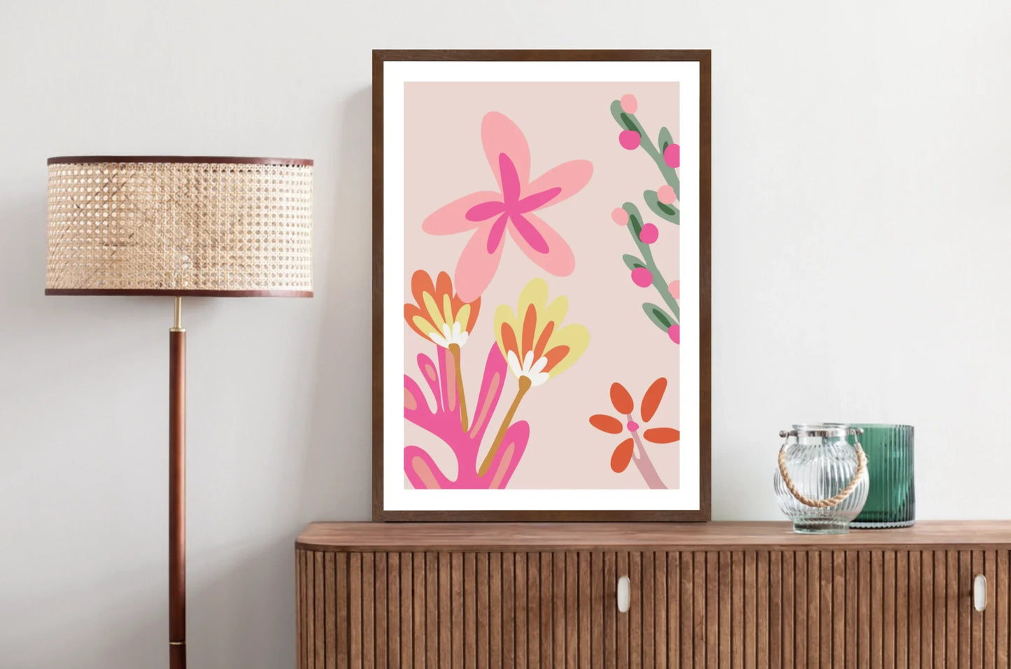 Framed pink floral abstract artwork.