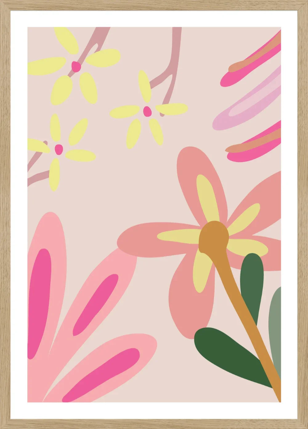 Framed artwork with abstract floral design on a pink background