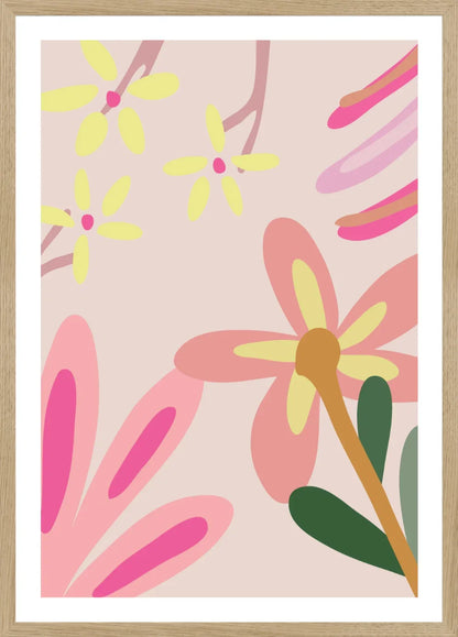Framed artwork with abstract floral design on a pink background