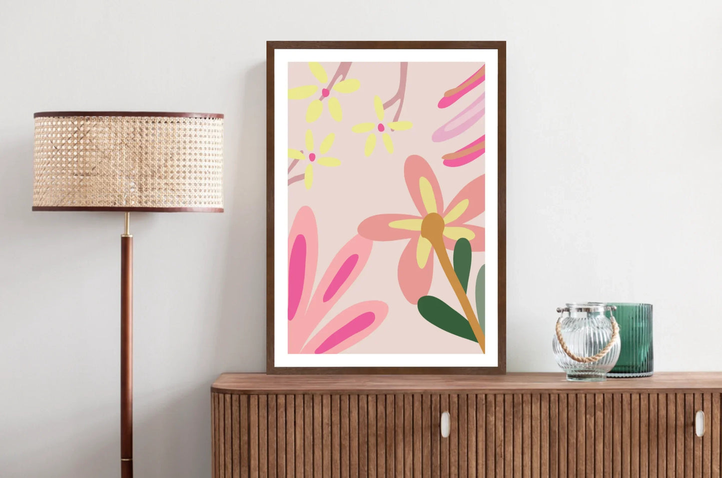 Pink framed floral poster art work.