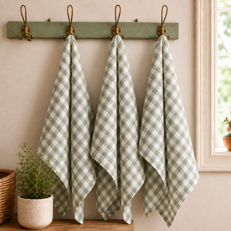 Pure French Linen Tea Towel - Sage Gingham