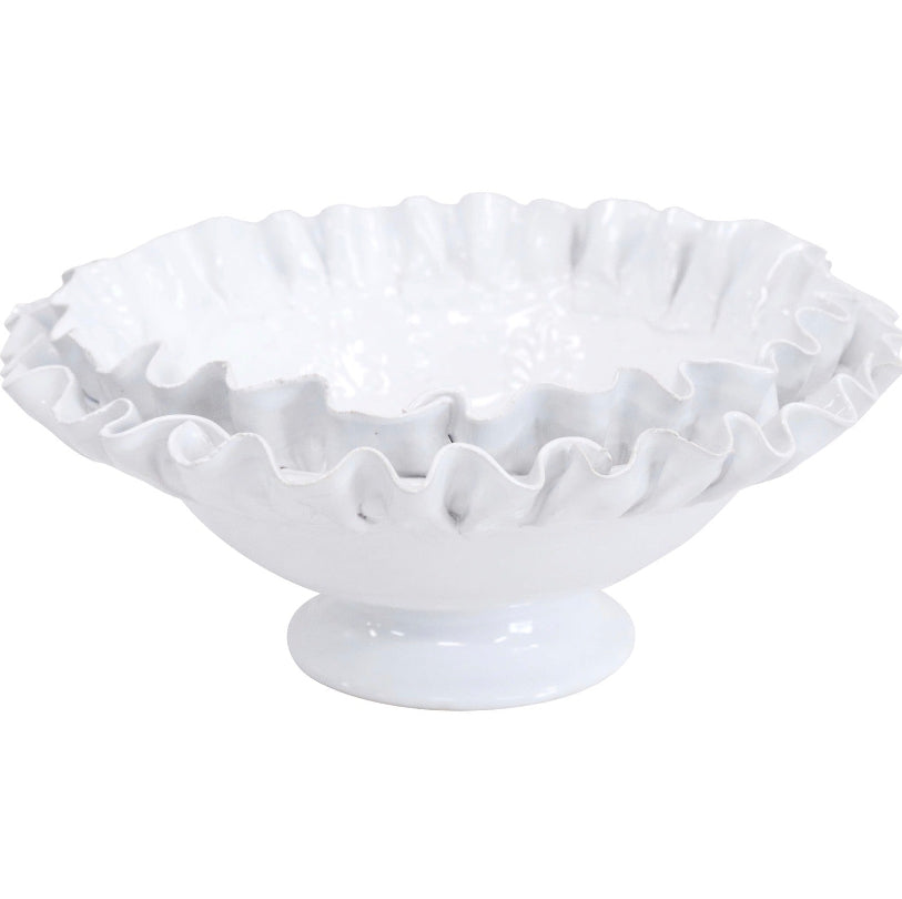 White ceramic ruffle bowl handcrafted glossy decorative centrepiece bowl coastal Hamptons home decor