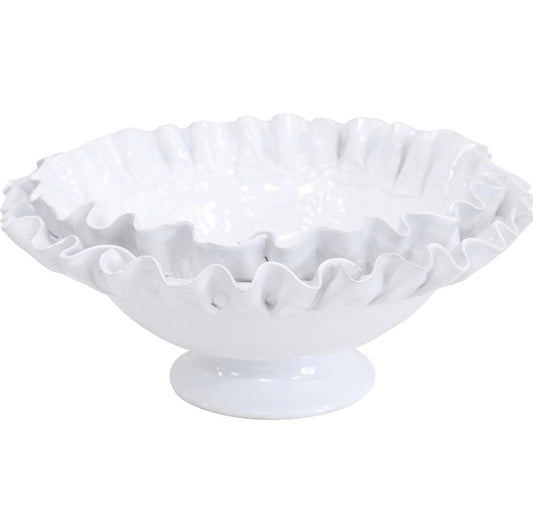 White ceramic ruffle bowl handcrafted glossy decorative centrepiece bowl coastal Hamptons home decor