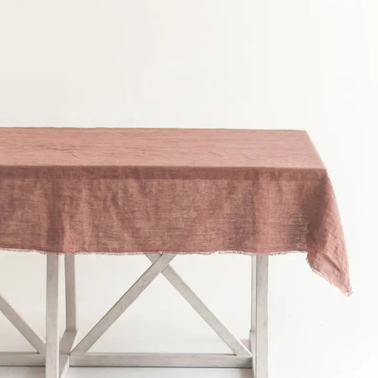 stonewashed linen tablecloth in ash rose artisan made handwoven