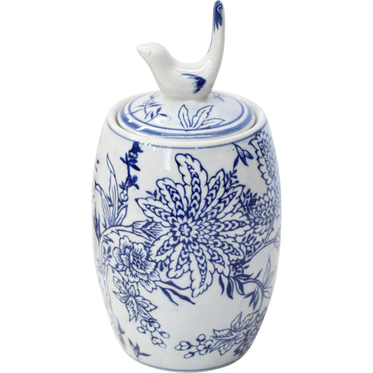Blue and white porcelain ginger jar with bird lid handpainted floral design 23cm decorative storage jar coastal home decor
