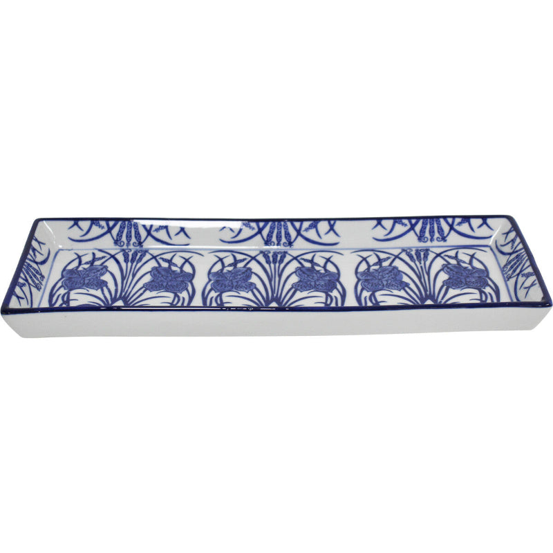 Hand-painted blue and white rectangular porcelain serving platter Iris Rush 35cm