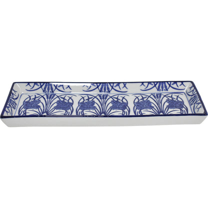 Hand-painted blue and white rectangular porcelain serving platter Iris Rush 35cm
