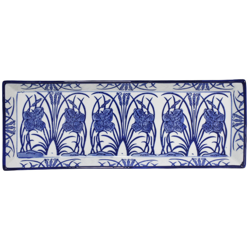 Blue and white porcelain rectangular serving plate with hand-painted iris, rush and rabbit design