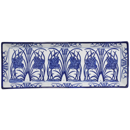 Blue and white porcelain rectangular serving plate with hand-painted iris, rush and rabbit design