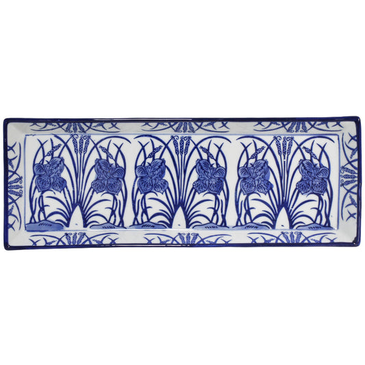 Blue and white porcelain rectangular serving plate with hand-painted iris, rush and rabbit design