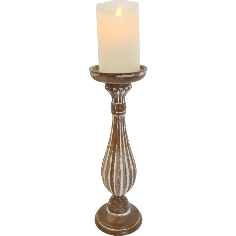 Decorative candle holder wooden with white wash finish and ribbed design