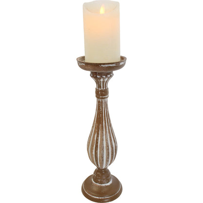Decorative candle holder wooden with white wash finish and ribbed design