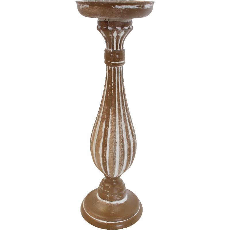 decorative wooden candle holder brown with white wash finish and ribbed design
