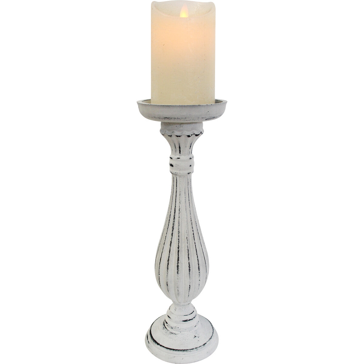 Decorative white wooden candle holder with curved ribbed design.