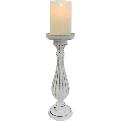 Decorative white wooden candle holder with curved ribbed design.