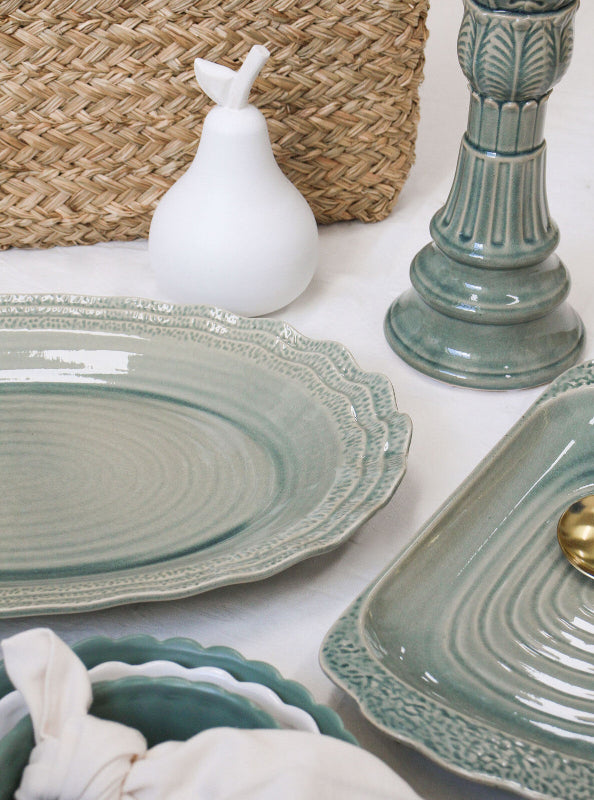 Sage green ceramic serving platter styled for elegant table entertaining