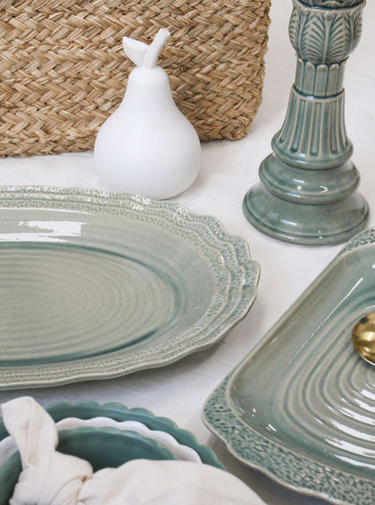 Sage green ceramic serving platter styled for elegant table entertaining