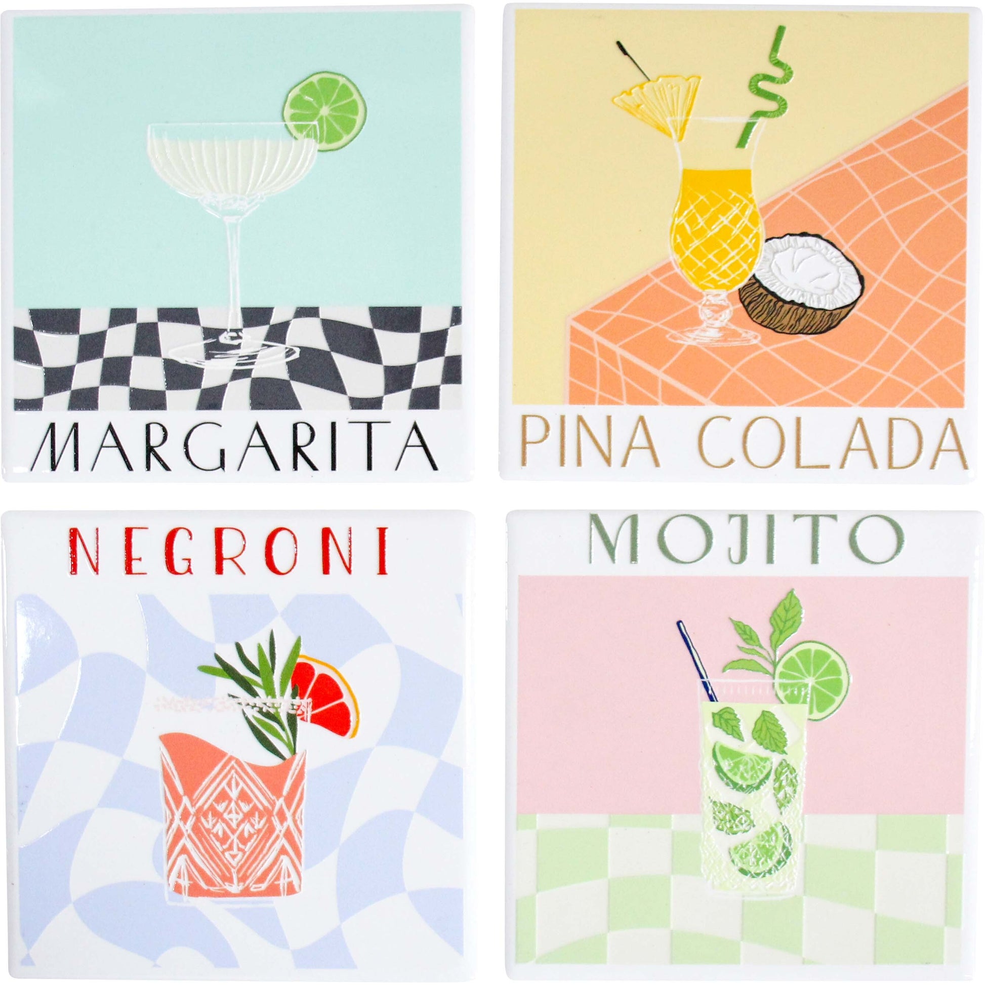 Set of 4 ceramic cocktail coasters with Margarita, Piña Colada, Negroni and Mojito designs
