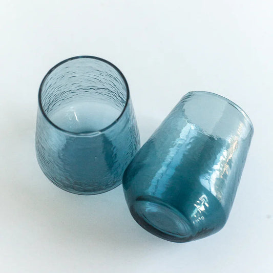 Handblown and hammered tumbler glasses blue set of 2