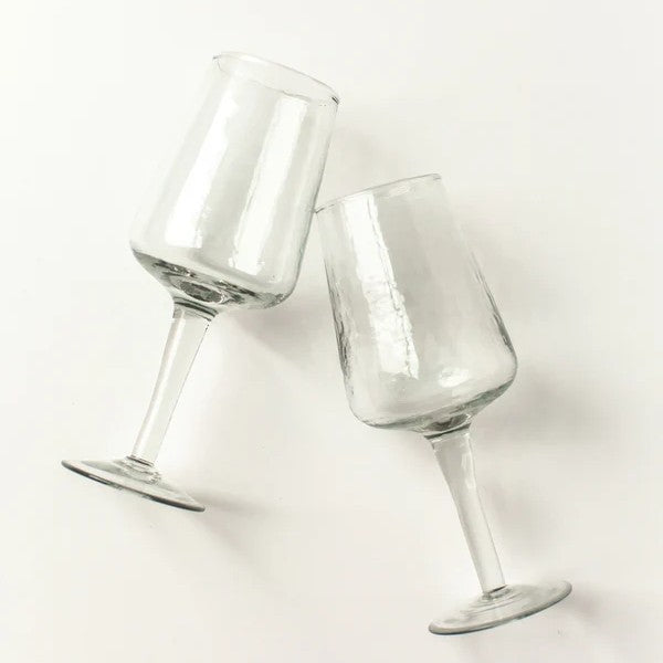 Handblown Hammered Wine Glass Pair - Clear