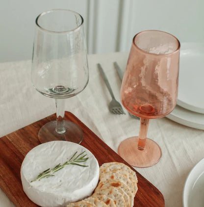 Handblown Hammered Wine Glass Pair - Pink