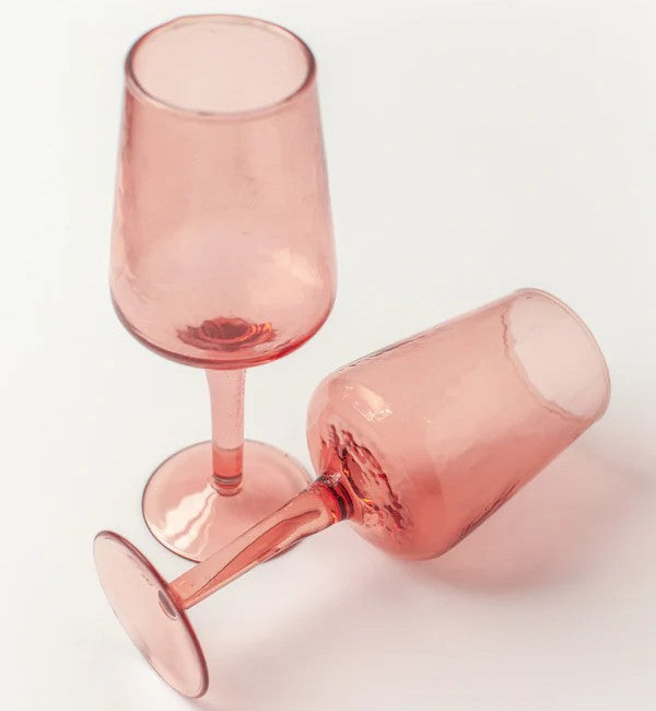 Handblown Hammered Wine Glass Pair - Pink