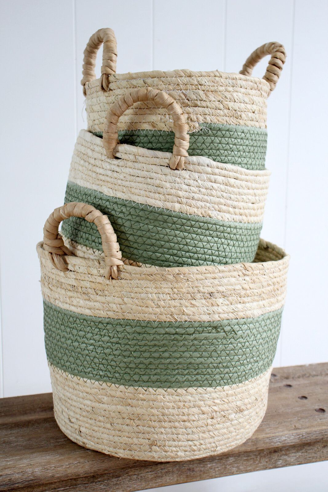 handwoven storage baskets sage green natural fibre baskets set
