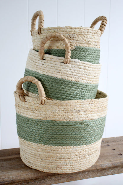 handwoven storage baskets sage green natural fibre baskets set