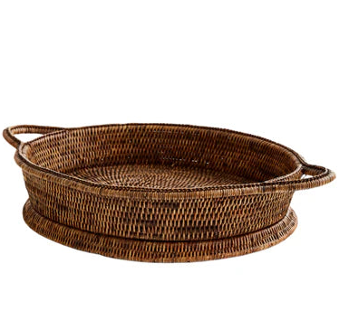 hand woven rattan oval tray large in antique brown