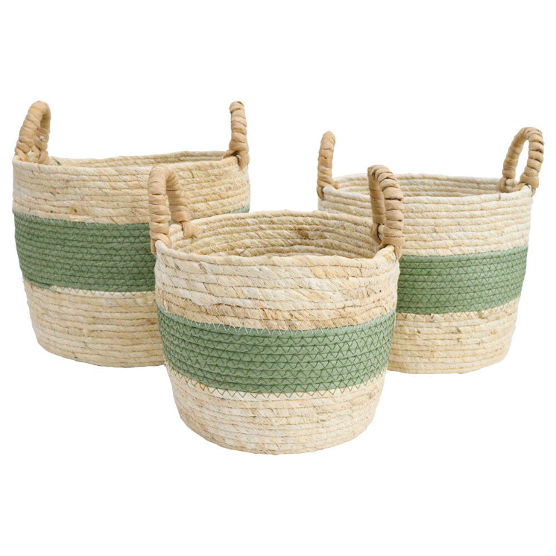 woven basket set of 3 natural and green storage baskets with handles