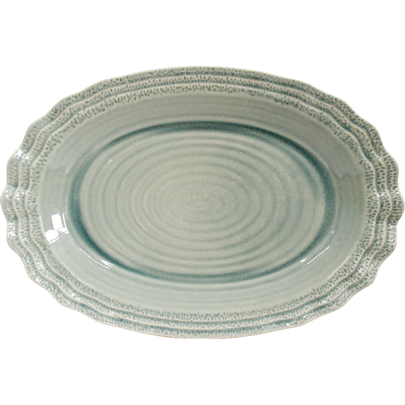 Extra large sage green ceramic oval serving platter with scalloped edge