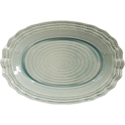 Extra large sage green ceramic oval serving platter with scalloped edge