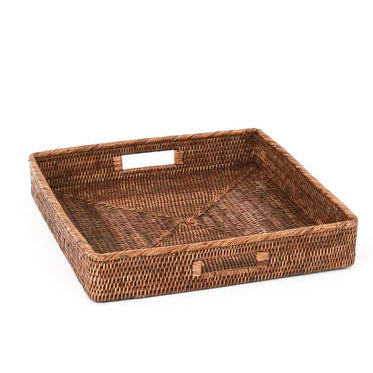 large handcrafted rattan tray 45cm dark brown antique