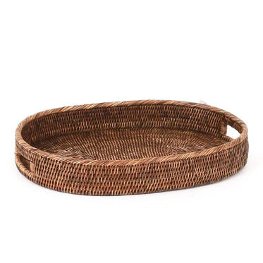 large handcrafted rattan tray oval 50cm in antique brown