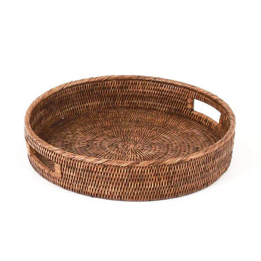 handcrafted round rattan tray with inset handles 40cm dark brown