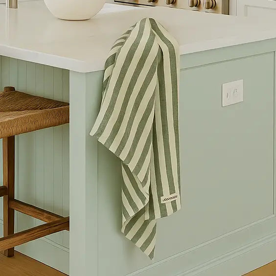 sage green and white striped linen tea towel
