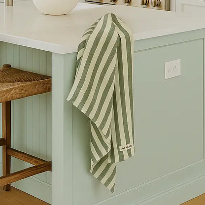 sage green and white striped linen tea towel