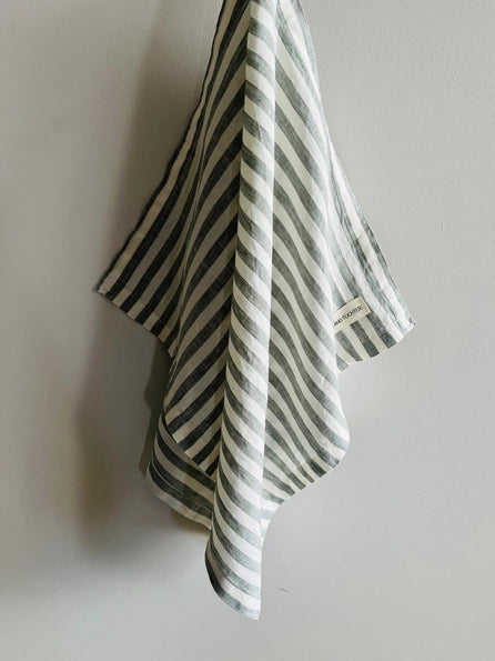 sage stripped flax linen tea towel