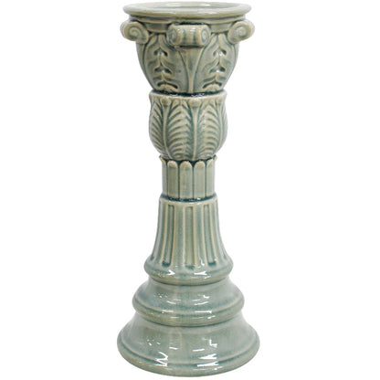 Sage green ceramic candle holder 33cm with classical pedestal detailing
