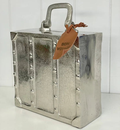 Metallic silver suitcase money box with handle and leather tag