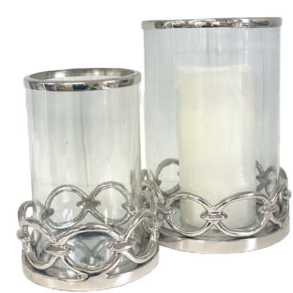 Small silver hurricane candle holder with glass cylinder and decorative round link base