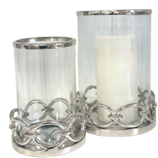 Small silver hurricane candle holder with glass cylinder and decorative round link base