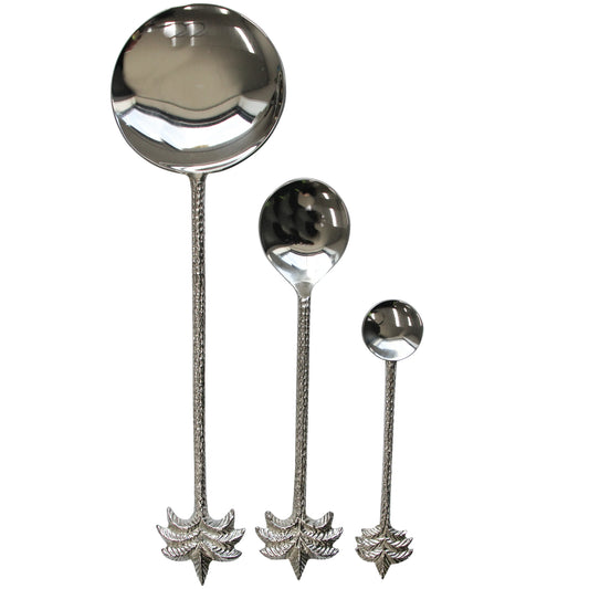 Silver palm tree serving spoons set of 3 tropical motif metal serveware 26cm 18cm 12cm summer entertaining Australia