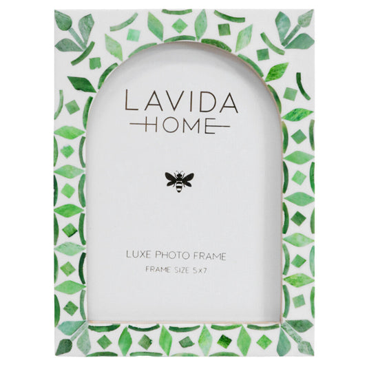 Green bone inlay 5x7 photo frame with leafy pattern tropical colonial home decor ethically sourced