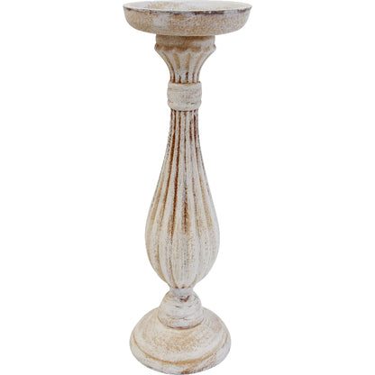Decorative wooden candle holder with a rustic white washed design 
