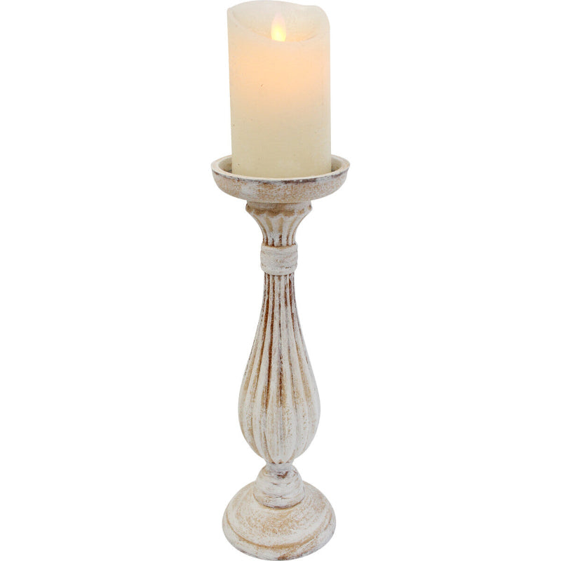 Decorative candle holder wooden with rustic white wash finish.