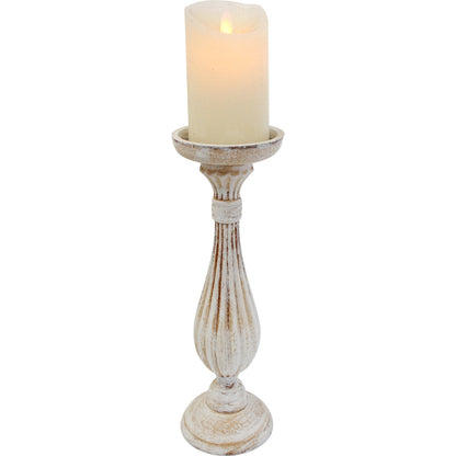 Decorative candle holder wooden with rustic white wash finish.
